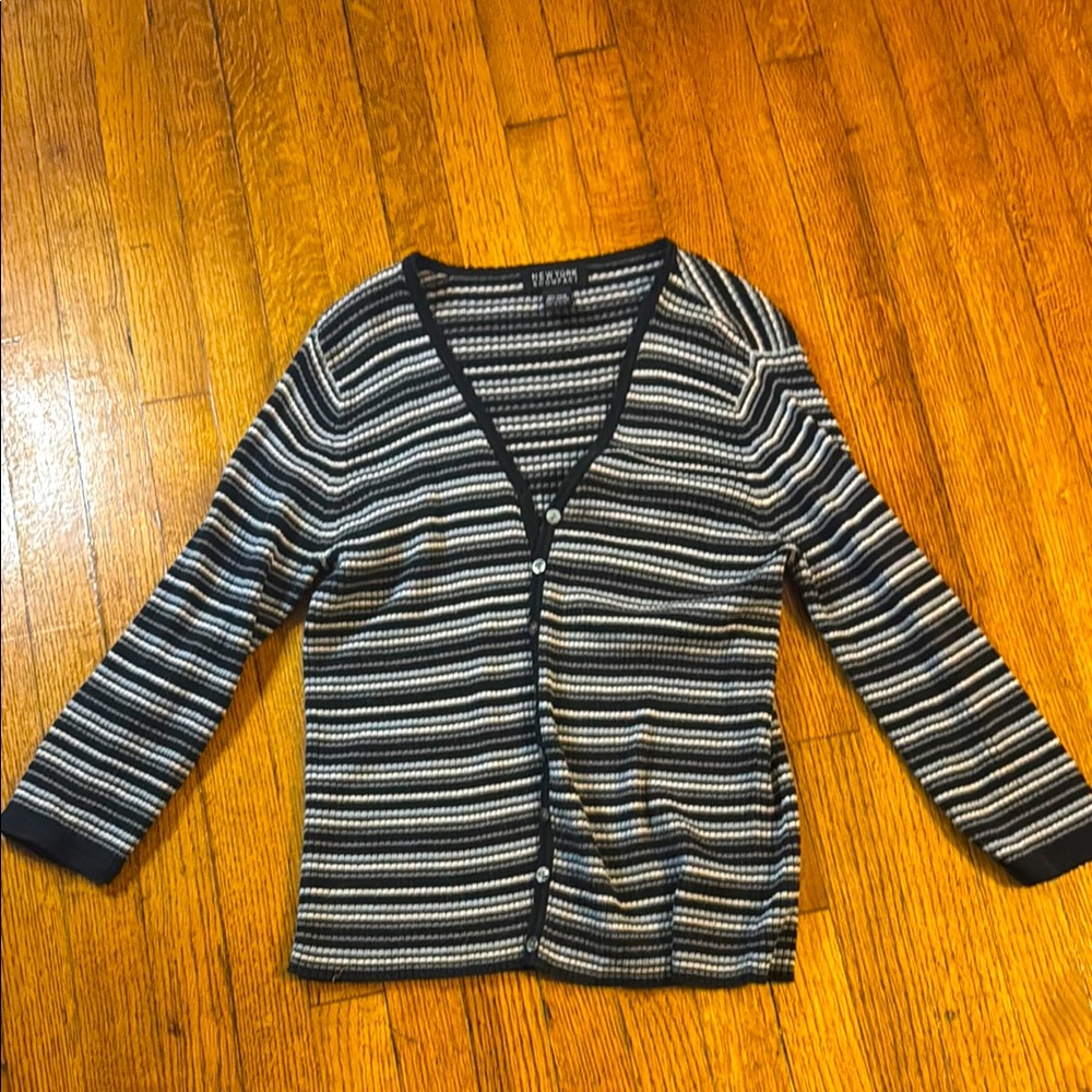 New York & Company Black and White Striped Cardigan